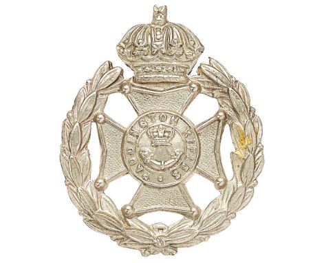 Paddington Rifles Victorian field service cap badge.  Good die-stamped white metal Guelphic crowned Maltese cross, bearing ti
