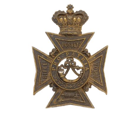 Dorset Rifle Volunteers post 1878 Victorian helmet plate.  Good scarce die-stamped blackened brass crowned Maltese cross bear