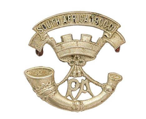 4th &amp; 5th Bns. Somerset Light Infantry post 1908 cap badge.  Good scarce die-stamped white metal bugle strung from mural 