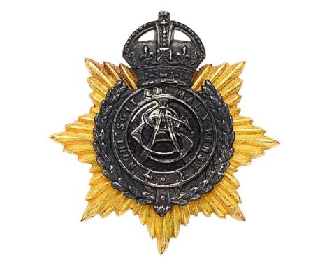 Army Service Corps  Officer cap badge circa 1901-19.  Good scarce die-cast silver crowned Garter resting in slender laurel sp