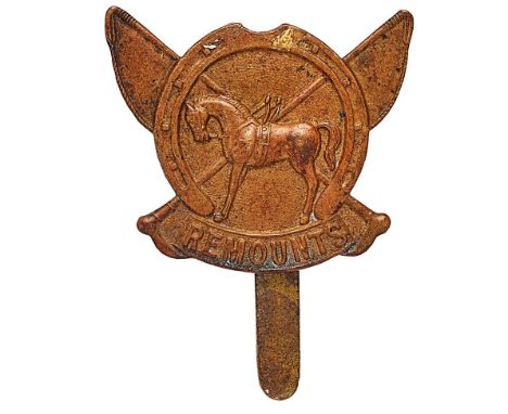 Army Remount Service WW1 1st pattern cap badge.  Good scarce die-cast horse in horeshoe on  REMOUNTS scroll superimposed on c