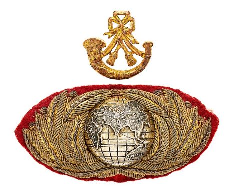 Royal Marine Light Infantry Officer forage cap badge.  Good two piece example. Bullion laurel wreath with applied central sil