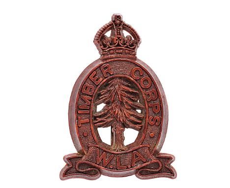Timber Corps, Womenâ€™s Land Army WW2 plastic cap badge.   Good scarce reddy brown  crowned title oval resting on  W.L.A. scr