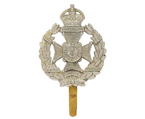Rifle Brigade Edwardian cap badge circa 1903-10.   Good scarce die-stamped white metal crowned WATERLOO tablet on Maltese cro