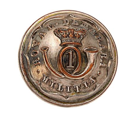 West Indies. Royal Demerara Militia Victorian Officer silver plated closed-back coatee button Crowned hooped bugle with 1 in 