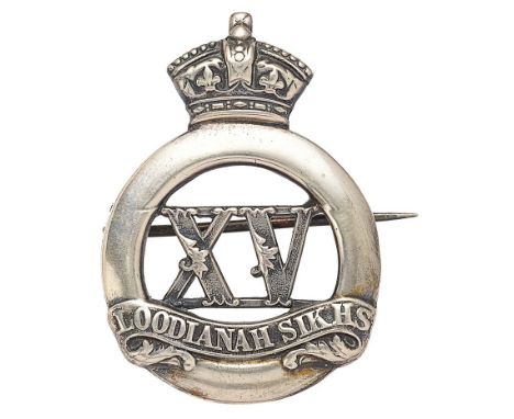 Indian Army. 15th Loodianha Sikhs pagri badge circa 1903-22.  Silvered crowned quoit ; to the centre, floriated XV resting on