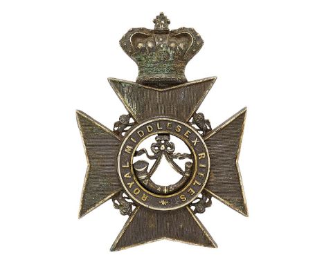 Royal Middlesex Rifles Victorian helmet plate circa 1878-81.  Good scarce die-stamped blackened crowned lined Maltese cross, 