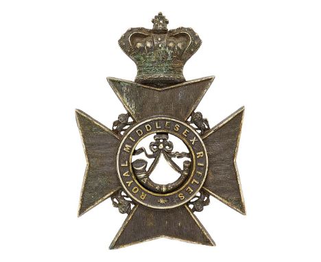 Royal Middlesex Rifles Victorian helmet plate circa 1878-81.  Good scarce die-stamped blackened crowned lined Maltese cross, 