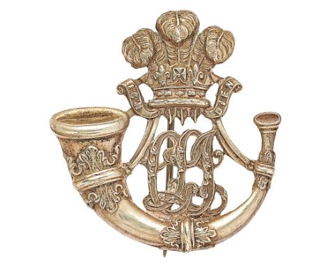 Ceylon Light Infantry Officer pagri badge.  Good die-stamped silvered bugle strung from Prince of Wales plumes; CLI monogram 