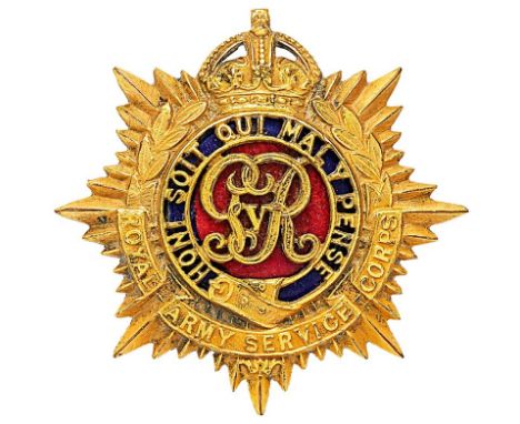 Royal Army Service Corps George V Officer cap badge circa 1919-36.  Good scarce die-cast gilt crowned star bearing laurel spr