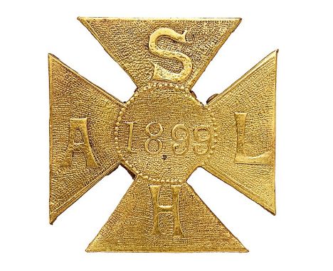 South African Light Horse Boer War sheet brass slouch hat badge circa 1899-1902.  Good Maltese cross example. Arms bearing SA