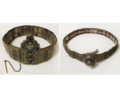 A MARKED RUSSIAN SILVER BELT (35'' LONG) 19THC WITH A RUSSIAN ENAMEL BELT 30'' POSSIBLY 17THC