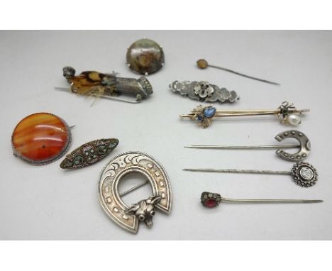 Brooches and stick pins, one brooch lacking pin