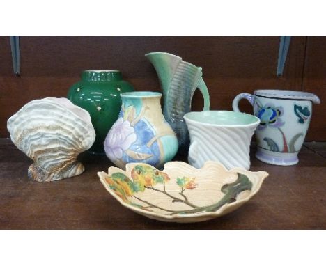 A Honiton pottery jug, a Beswick ware vase, a Carlton ware dish, a Sylvac jug and jardiniere and a Falcon ware vase