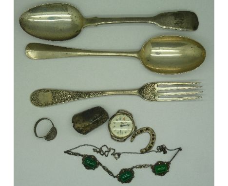 Silver items, including two spoons, a fork, a watch, a necklet, etc., weight of flatware 119g