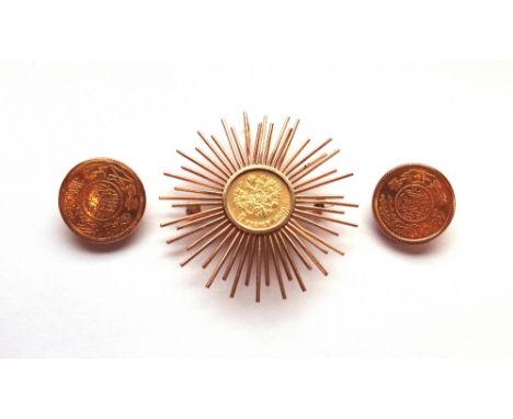 A gold brooch, mounted with a Russian five roubles coin 1900 and a pair of gold earclips, each mounted with a Middle Eastern 