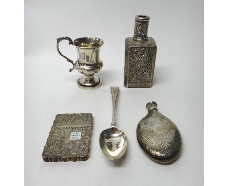 A Victorian silver spirit flask of oval form, with engraved decoration, a tablespoon with engraved decoration, London 1779, c