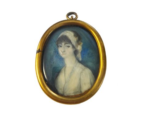 Late 18th century, English School, portrait miniature on ivory of Letitia Leslie (d 1812), wearing a white dress and tied cap