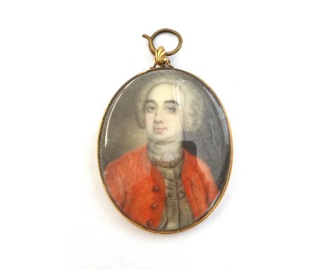 Mid-18th century English School, a portrait miniature on ivory of Colonel Shugborough Whitney with wig, wearing a red coat, g