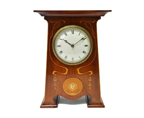 A marquetry and mother of pearl inlaid mahogany Art Nouveau mantel clock, with white enamel dial and single train movement.  
