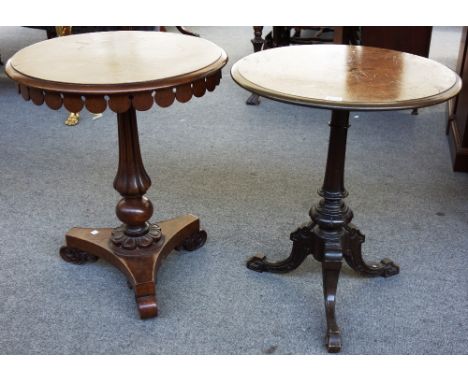 A Victorian stella marquetry inlaid walnut circular tripod table, 53cm wide, together with a William IV walnut circular tripo