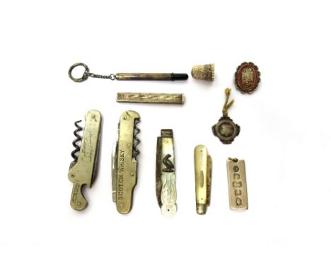 A silver thimble, Chester 1898, two base metal cased advertising folding corkscrew cum penknives, two silver bladed, mother o