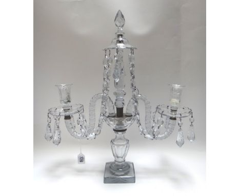 A pair of English cut glass twin light candelabra, early 20th century, incorporating earlier elements of George III style, ea