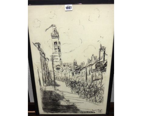 Paul Maze (1887-1979), Troops marching into Arras, charcoal, signed and dated 1917, 58cm x 39cm. DDS