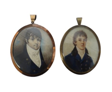 Early 19th century, English school, portrait miniature on ivory of a young man in blue coat with tied white stock, with a see