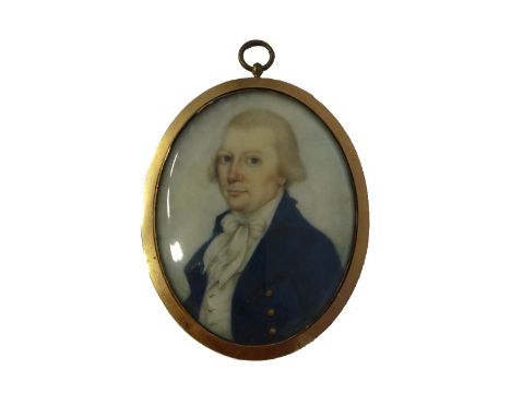 Late 18th century, English School, portrait miniature on ivory of a gentleman wearing a blue coat and a white waistcoat, shir