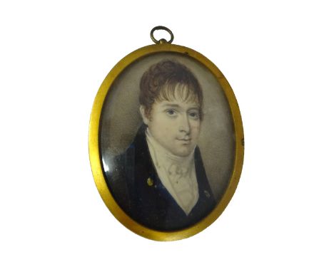 Early 19th century, English School, portrait miniature on ivory of a young gentleman, wearing a blue coat and a white high co