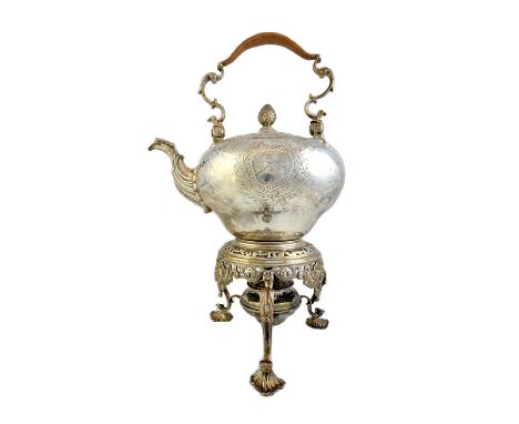 A George II silver kettle and stand, bearing the mark of Thomas Gilpin, London 1745, of inverted pear shape form, engraved wi