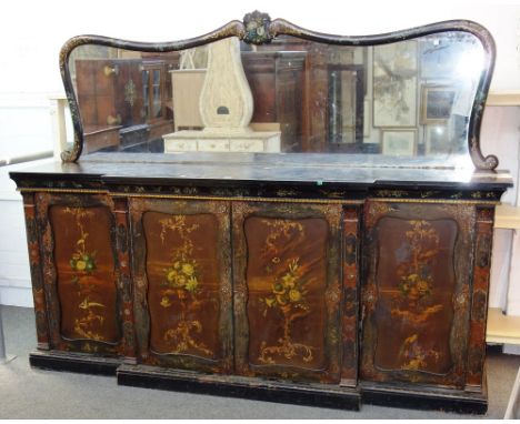 A Victorian black lacquer and floral polychrome painted sideboard, the mirror back over painted slate top and four panel cupb