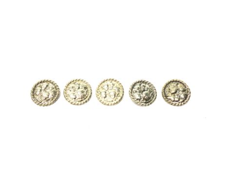 Five silver shaped circular buttons, each decorated to the centre with five cherub's faces, within a cable border, Birmingham