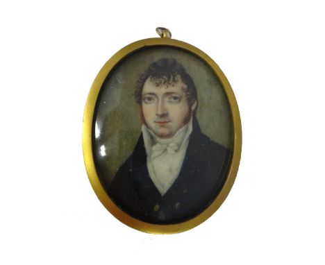 Early 19th century, English School, portrait miniature on ivory of a young gentleman with sideburns, wearing a black coat, wh