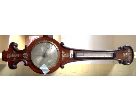 A Victorian rosewood and mother of pearl inlaid wheel barometer, with applied thermometer over an eight inch silvered dial de