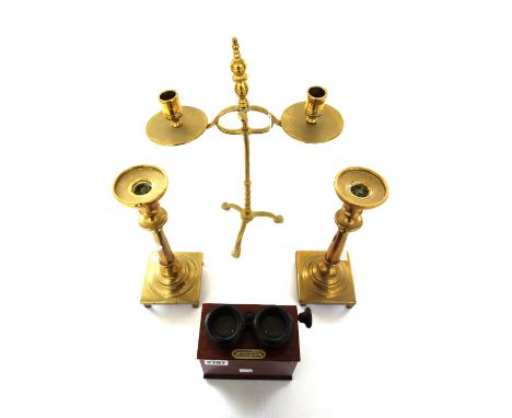 A French mahogany cased stereoscope, a pair of 18th century brass candlesticks, 26.5cm high, a Victorian adjustable brass two