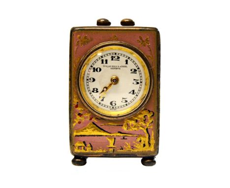 A Swiss enamelled miniature rectangular cased carriage clock timepiece, the keyless wind jewelled movement detailed Golay Fil