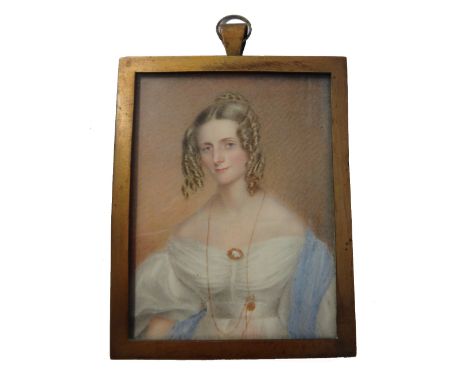 Early 19th century, English School, portrait miniature on ivory of a young lady with ringlets, wearing a white dress and pale