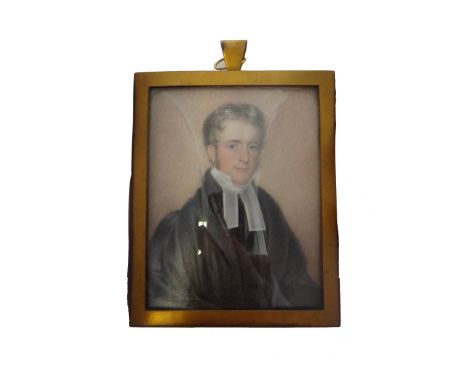 Early 19th century, English School, portrait miniature on ivory of a young cleric with sideburns, numbered 6 on the reverse, 
