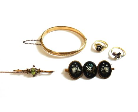A gold mounted pietra dura brooch, formed as a row of three ovals, decorated with floral motifs, a gold and gem set bar brooc