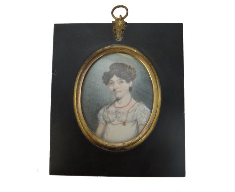 G Milnes, late 18th/early 19th century, English portrait miniature on ivory of a young woman wearing a white dress with a cor