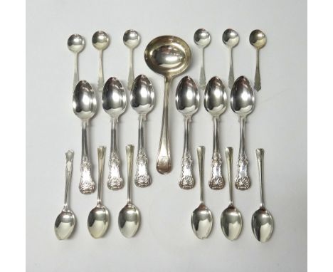 Silver flatware, comprising; an Old English, thread and shell pattern sauce ladle, London 1805, six King's pattern teaspoons,