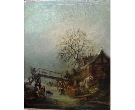 Dutch School (19th century), Figures and sleigh in a frozen river landscape, oil on panel, possibly over a printed base, unfr