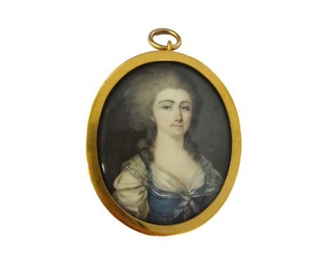 Late 18th century, French School, portrait miniature on ivory of Mrs Lemon, wearing a blue dress with fichu, the image 4.3cm 