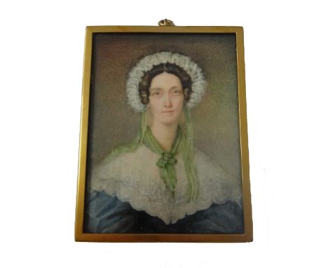 Edwin Dalton Smith (1800-1866), British portrait miniature on ivory of a lady wearing a blue dress, with a lace bonnet and sh