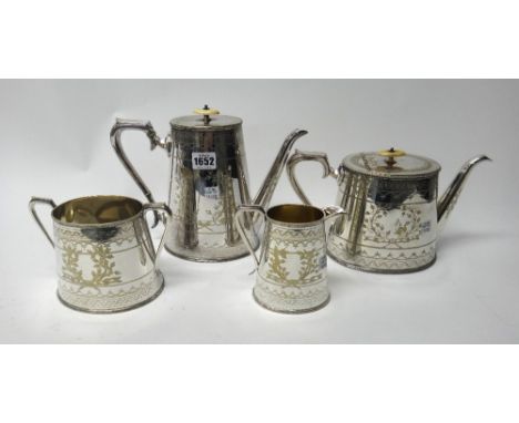 A plated four piece tea and coffee set, comprising; a teapot, a coffee pot, a twin handled sugar bowl and a milk jug, each pi