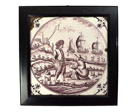 A large Dutch Delft tile, 18th/19th century, decorated in manganese, depicting fisherfolk harvesting against a seascape, moun