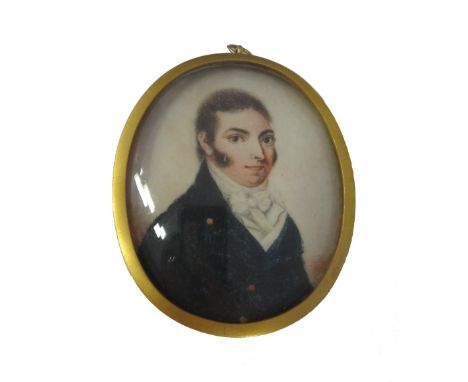 Early 19th century English School, portrait miniature on ivory of a gentleman with sideburns, wearing a blue coat, inscribed 