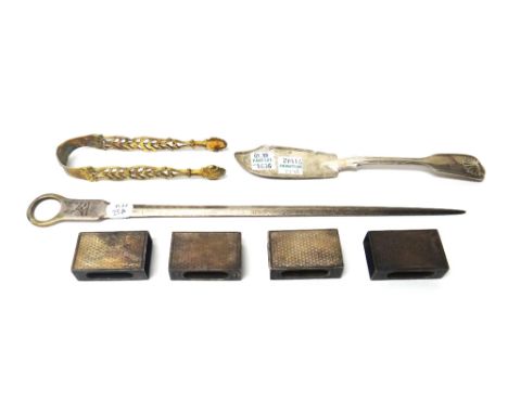 Silver, comprising; a meat skewer, London 1820, a Victorian butter knife, London 1856, a pair of silver gilt sugar tongs, wit